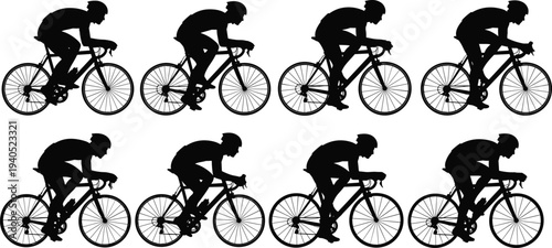 Set of eight professional road cyclist silhouettes, athletes in aerodynamic racing positions for sports competition and fitness training branding