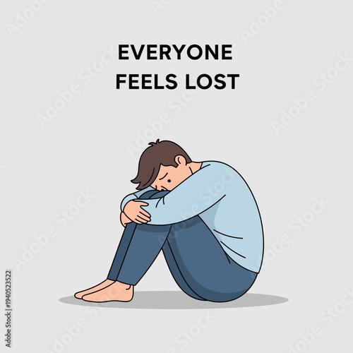 Sad man curled up, feeling lost and alone, mental health concept