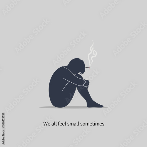 Sad person sitting alone, smoking a cigarette, feeling small and isolated. Mental health concept.