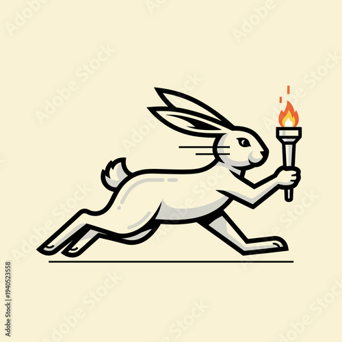 White rabbit running with a torch, symbolizing speed, progress, and enlightenment