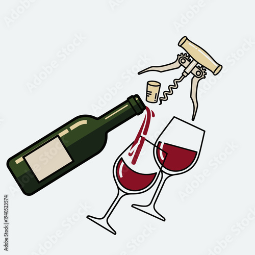 Wine pouring from bottle into two glasses, corkscrew and cork nearby