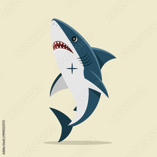 Aggressive cartoon shark with x-eye and cross symbol, isolated on light background