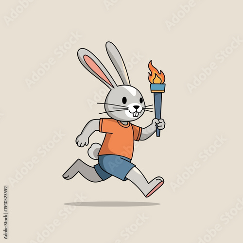 Cartoon rabbit running with a torch, olympic games, sports, competition, victory, achievement