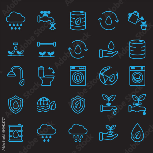  Neon Blue Water Conservation, Ecology, and Sustainability Line Icon Set