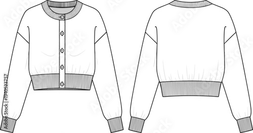 Women's cropped cardigan sweater technical fashion flat sketch cad drawing template with button down front and ribbed hem vector illustration