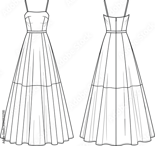 Women's sleeveless tiered maxi dress technical fashion flat sketch cad drawing template with spaghetti straps and flared skirt vector illustration
