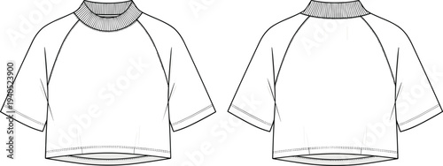 Technical Flat Sketch of a Women's Cropped Raglan T-Shirt with High Ribbed Neckline, Front and Back View CAD Vector Illustration