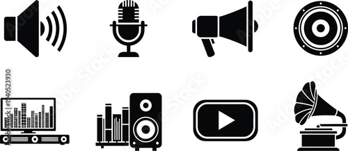 Audio and video equipment icons including speakers microphones and playback symbols