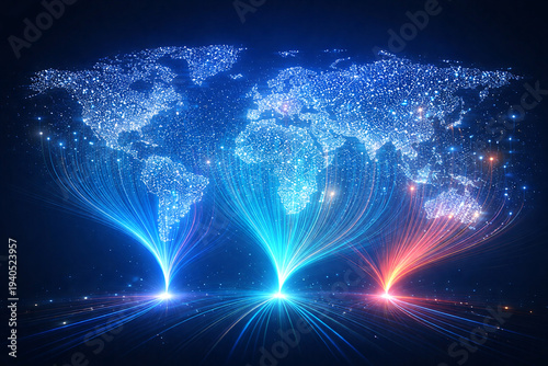 Global network connections with vibrant light trails across continents