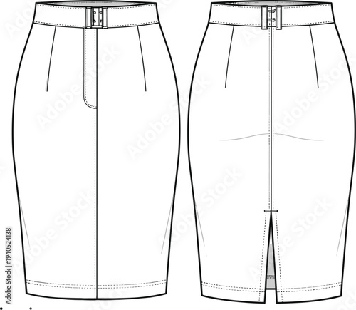 High waisted pencil skirt with front buckle belt and back slit detail technical CAD drawing flat vector illustration for fashion.