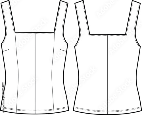 Square neck sleeveless tank top with wide straps and fitted silhouette technical CAD drawing flat vector illustration for fashion design.