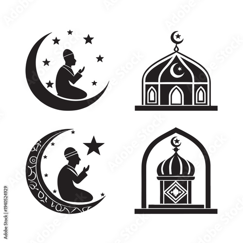 Ramadan vector icons set, Lantern and Crescent Moon, Vector Illustration, Silhouette design, Modern Islamic, Ramadan Kareem, Graphic, Minimal Ramadan Mubarak,  Lantern Art, 
Traditional, Elegant,