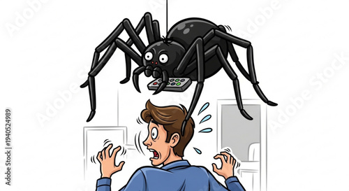 Man fearfully reacting to large spider hanging above him indoors