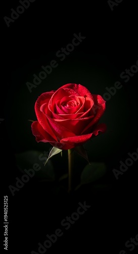 Single Red Rose on Black Background.
