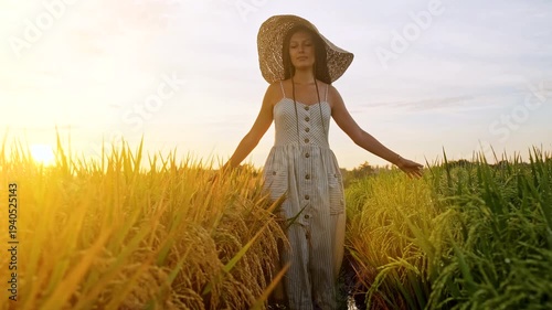 Young woman with long braids wearing a flowing sundress and straw hat walks through a sunlit rice paddy at sunrise, gently touching the plants. Front view shot captures her enjoying freedom, serenity