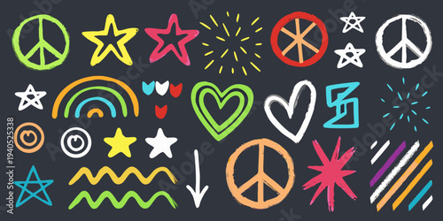 Colorful hand drawn doodles of peace signs stars hearts and rainbows