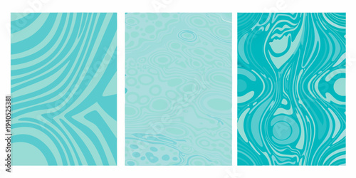 Three teal abstract panels with swirling and circular patterns