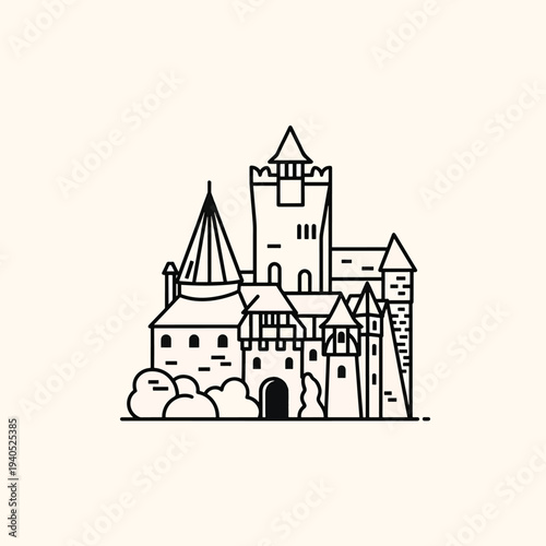 Wallpaper Mural A black and white line drawing of a fantasy castle with multiple towers and buildings, a gated entrance and simple bushes at the base Torontodigital.ca