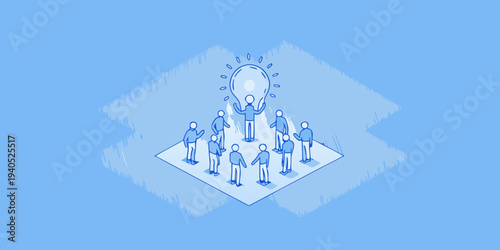 Teamwork and innovation people gathering around a glowing lightbulb idea