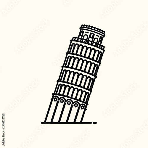 A black and white line drawing of a leaning tower with distinct arches on a beige background. The outline is smooth and precise