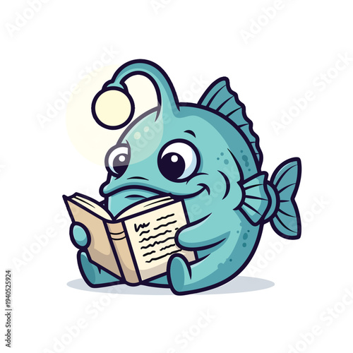 A cartoon anglerfish reading a book, illuminated by its glowing lure. The fish has large eyes and a smile. Its body is light blue. The background is white