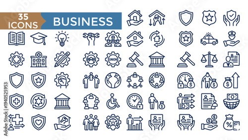Collection of business and legal icons representing various professional concepts