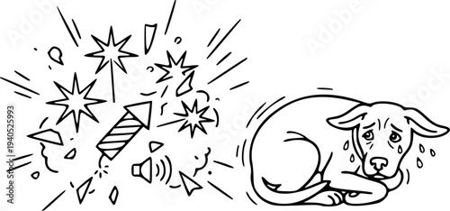 Noise pollution concept vector icon of a stressed dog hiding from loud explosive sounds and fireworks