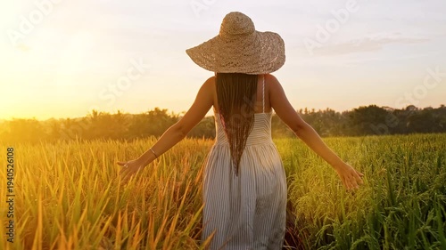 Young woman with long braids wearing a flowing sundress and straw hat walks through a sunlit rice paddy at sunrise, gently touching the plants. Rear-view full-body shot captures her enjoying freedom