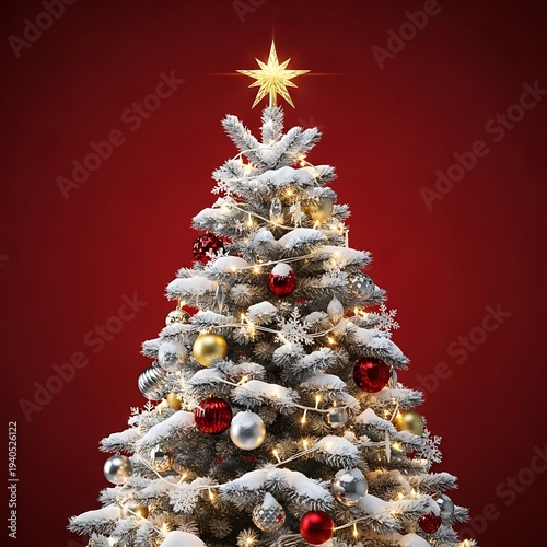 Snow Covered Christmas Tree with Ornaments and Star.