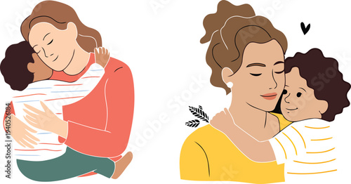 A mother lovingly embracing and comforting her two young children, mother's day icon.