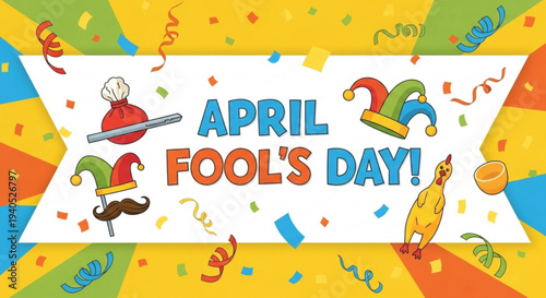 Vibrant april fool's day celebration banner with jester hats and confetti on yellow background