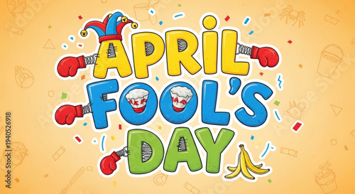 Colorful april fool's day illustration with jester hat boxing gloves and banana on orange background