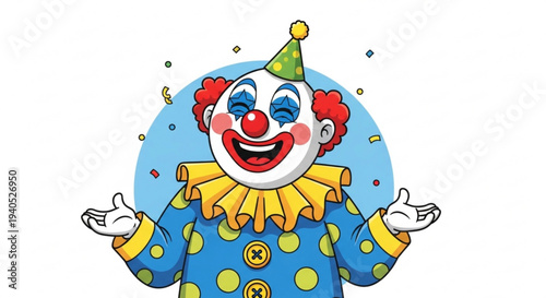 Smiling clown in blue and yellow costume with confetti celebrating happy moment