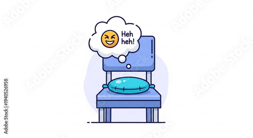 Toilet with a smiling emoji thought bubble laughing on a blue toilet seat with a speech bubble saying heh heh