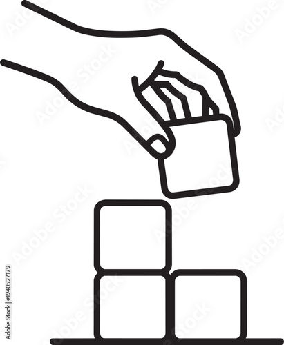 Human hand stacking wooden building blocks outline icon showing fine motor skill motility and educational play development