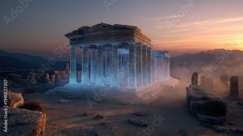 A digital hologram of an ancient Greek temple illuminated at sunset, blending history and futuristic technology in a desert landscape.