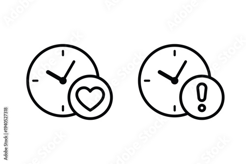 Shelf life line icons with clock, expire time vector. Lifespan icon with heart, time of life pictogram.