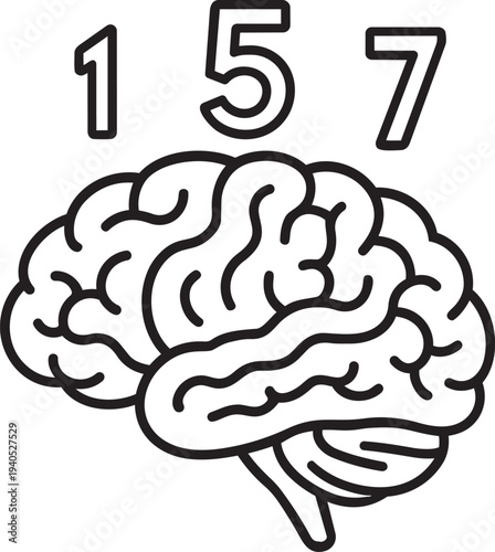 Human brain with floating math numbers outline icon showing logical counting intelligence and cognitive memory training concept