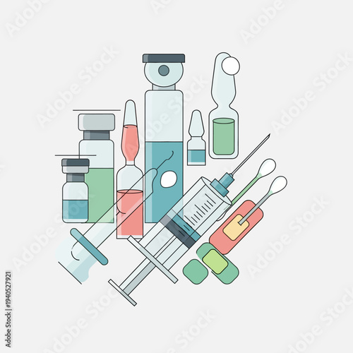 Medical supplies: syringe, ampoules, vials, pills, swabs. Healthcare, treatment, vaccination, medicine.