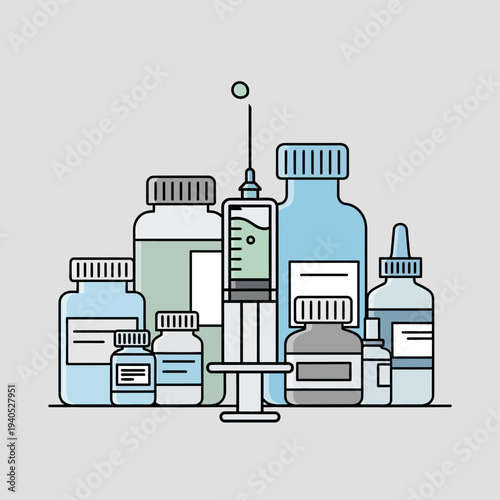 Medical Syringe and Pharmaceutical Bottles Collection, Healthcare and Medicine Concept