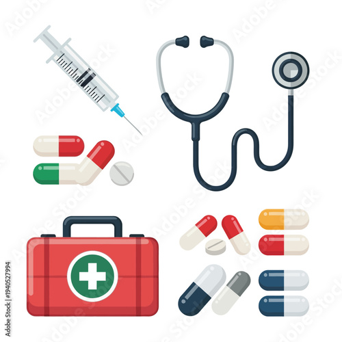 Medical supplies, first aid kit, stethoscope, syringe, pills and capsules on white background