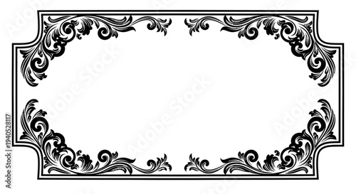 Ornate classical rectangular decorative frame with corner scrollwork, isolated white background