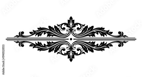 Symmetrical classical decorative horizontal divider element with elegant scrollwork, isolated white background