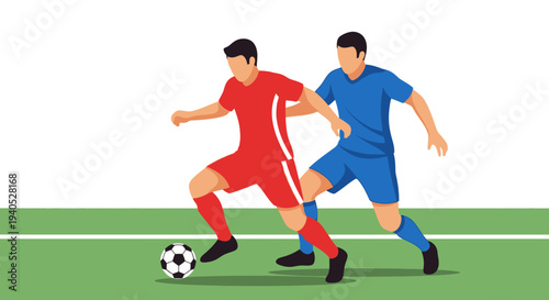 Two male soccer players running with the ball on a green field, isolated white background