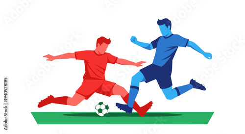 Dynamic male soccer players competing for the ball on a green field, isolated white background