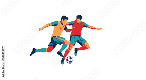Two Male Soccer Players Dribbling and Tackling for the Ball in a Dynamic Action Pose on a Bright Studio Background