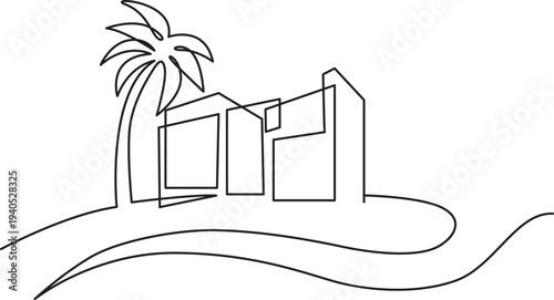 Illustration of continuous line drawing of modern house and palm tree