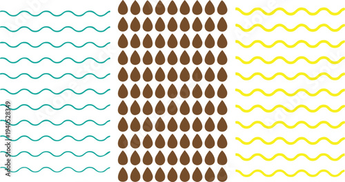 Grid of brown droplets surrounded by wavy blue and yellow lines