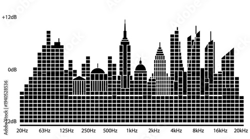 City Skyline Silhouette Combined with Audio Equalizer Bars on an Isolated White Background