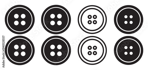 Standard four hole sewing button outlines, classic garment fastener icons. vector illustration eps 10